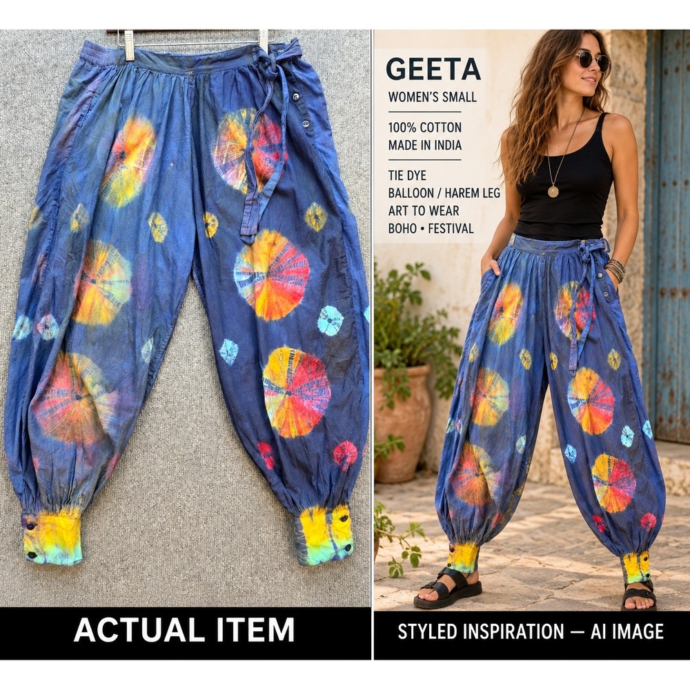 Geeta Harem Pants Womens Small Tie Dye Boho Festival Cotton Blue S Excellent
